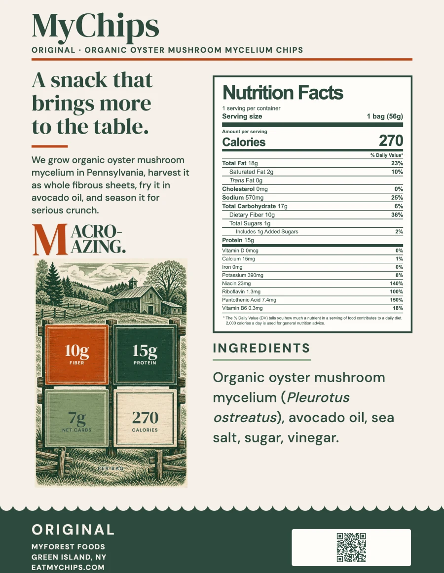 Back of MyChips Original package with Nutrition Facts and farmhouse macro illustration